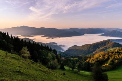 Scenic view of landscape against sky during sunset