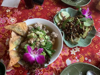 High angle view of meal served on table