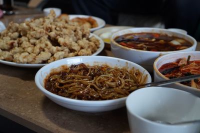 Close-up of food served on table