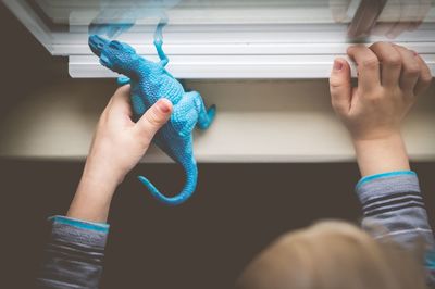 Cropped hands of boy playing with dinosaur toy on window sill