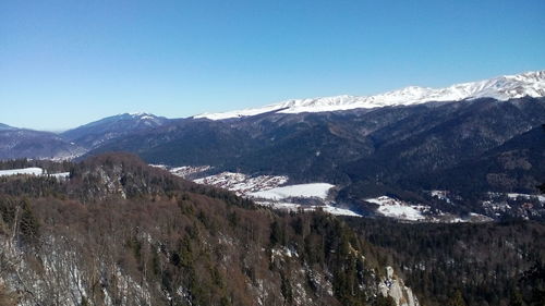 Scenic view of mountains against clear blue sky