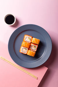 High angle view of sushi served on table