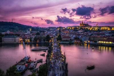 Panoramic view of city against cloudy sky at sunset