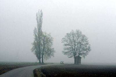Road by trees on field against sky during winter