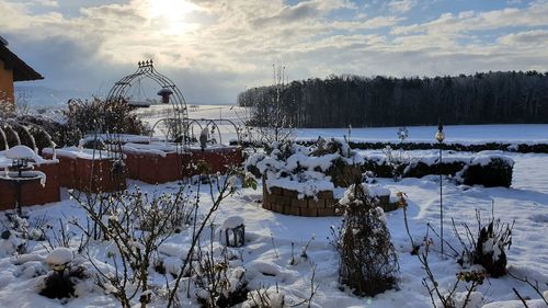 Snow covered field against sky