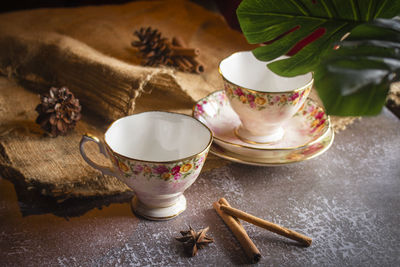 Close-up of tea cup on table