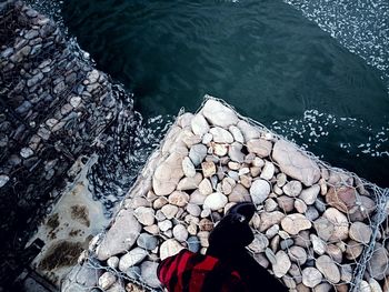 High angle view of man in water