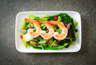 High angle view of food in plate on table