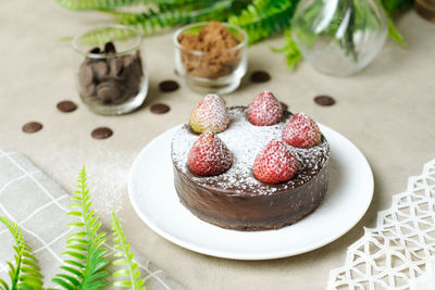 High angle view of cake in plate on table