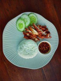 High angle view of breakfast served on table