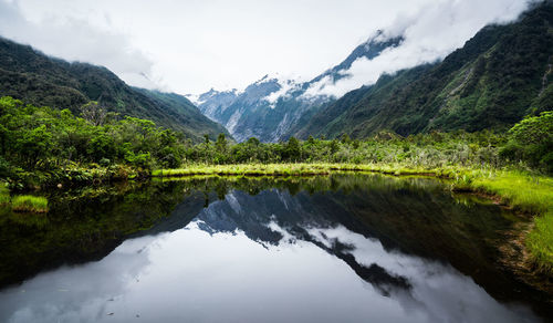 Scenic view of lake and mountains against sky