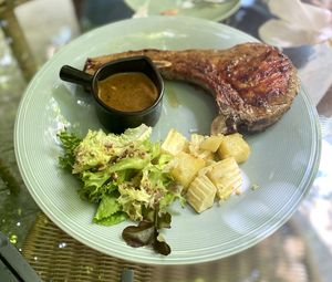 High angle view of food in plate on table