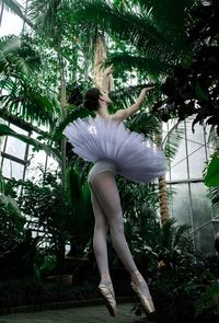 Woman standing by palm tree against plants