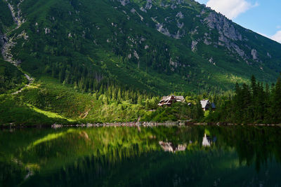 Cabin in mountains with green forest near lake