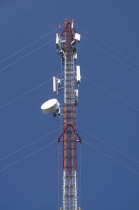 Internet towers and transmission equipment on clean blue sky background