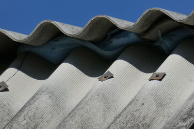 Low angle view of roof against blue sky