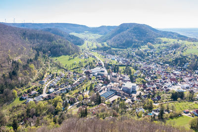 High angle view of townscape against sky