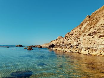 Scenic view of sea against clear blue sky