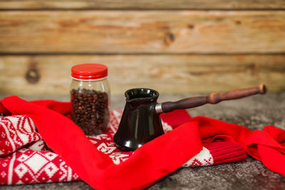 Close-up of red wine on table