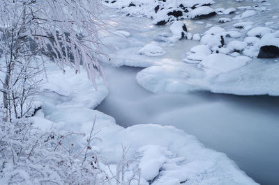 Frozen river amidst snowcapped mountains