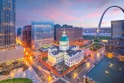 High angle view of city buildings at dusk