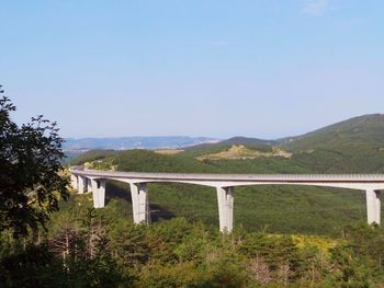 Bridge over mountains against clear sky