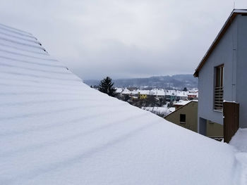 Snow covered buildings against sky