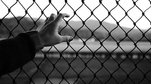 Close-up of hand by chainlink fence against sky