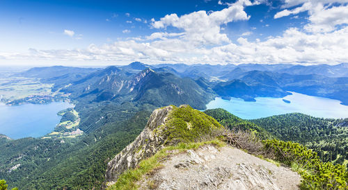 Scenic view of mountains and sea against sky