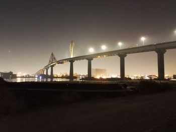 Bridge over river against sky in city at night