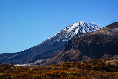 Scenic view of snowcapped mountains against clear blue sky