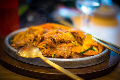 Close-up of meal served on table