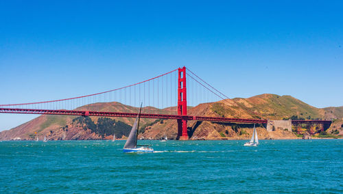 View of suspension bridge over sea