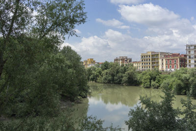 Reflection of trees and buildings in lake