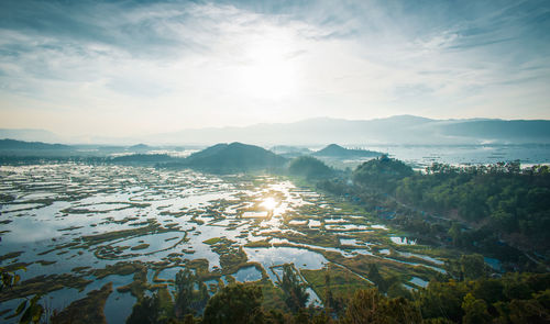 Scenic view of landscape against sky of the loktak lake