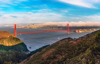 Scenic view of golden gate bridge against sky during sunset