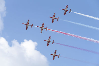 Low angle view of airplane flying against sky