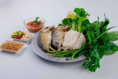 High angle view of food in plate on table