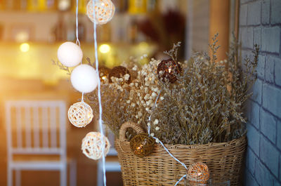 Close-up of decorations hanging by plant at restaurant