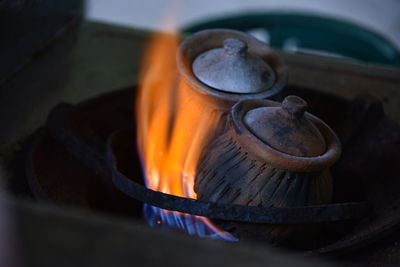 Close-up of fire on barbecue grill