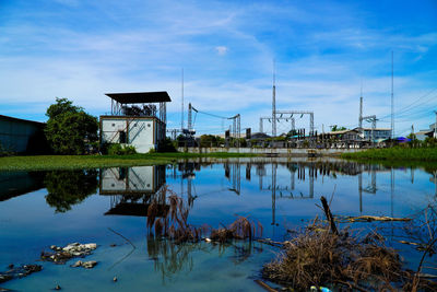 Scenic view of lake by buildings against sky