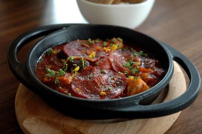 High angle view of meat in bowl on table