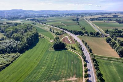 High angle view of agricultural field against sky