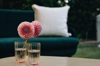 Close-up of red wine glass on table