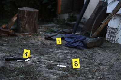 High angle view of text on wood