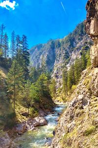 Scenic view of waterfall in forest against sky