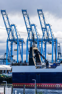 Cranes at commercial dock against sky