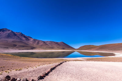 Scenic view of arid landscape against clear blue sky