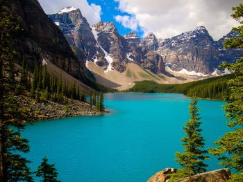 Scenic view of lake and mountains against sky