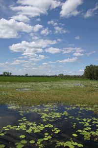 Scenic view of lake against cloudy sky